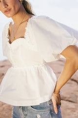 Ruffle Peplum Top In White - Final Sale
