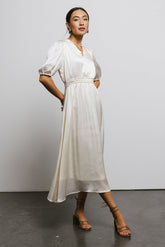 V-Neck Satin Midi Dress in Cream
