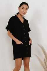 Button Up Mini Dress In Black - Final Sale