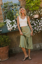 Lovinia Satin Midi Skirt in Olive - FINAL SALE