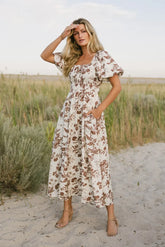 Dorothea Floral Midi Dress in Mocha - FINAL SALE