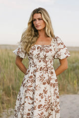 Dorothea Floral Midi Dress In Mocha - Final Sale