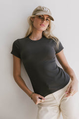 Tara Ribbed Basic Tee In Charcoal - Final Sale