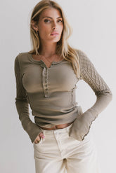 Naomi Cable Knit Sleeve Top in Olive - FINAL SALE
