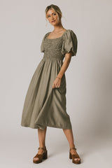 Janie Smocked Midi Dress In Olive - Final Sale
