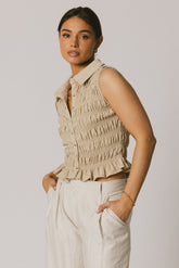 Russel Smocked Button Up in Taupe - FINAL SALE