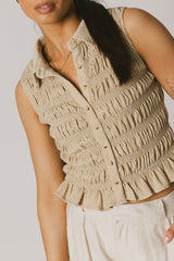 Russel Smocked Button Up In Taupe - Final Sale