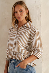 Avery Striped Blouse In Tan - Final Sale