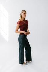 Tracy Mixed Media Top In Burgundy