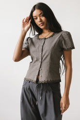 Serra Lace Trim Blouse in Charcoal - FINAL SALE