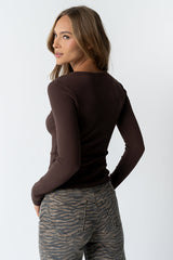 Mia Button Up Top In Brown