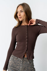 Mia Button Up Top In Brown