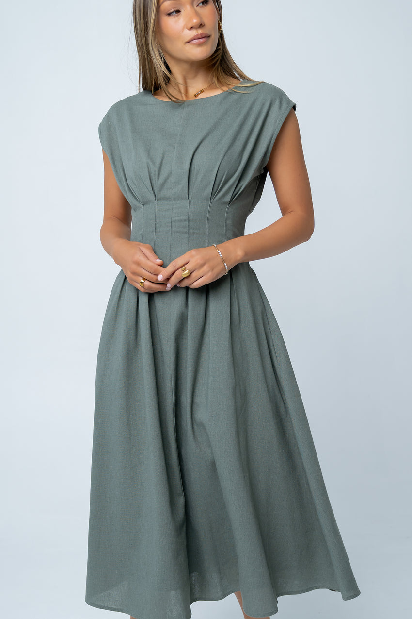 Matilda Pleated Maxi Dress in Olive