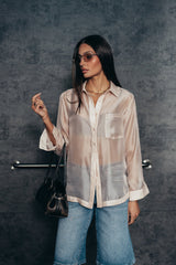 Liberty Sheer Button Up Blouse In Blush - Final Sale