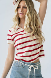 Tess Striped Collared Top in Red - FINAL SALE