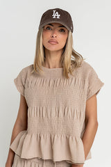 Ashton Smocked Top In Taupe - Final Sale
