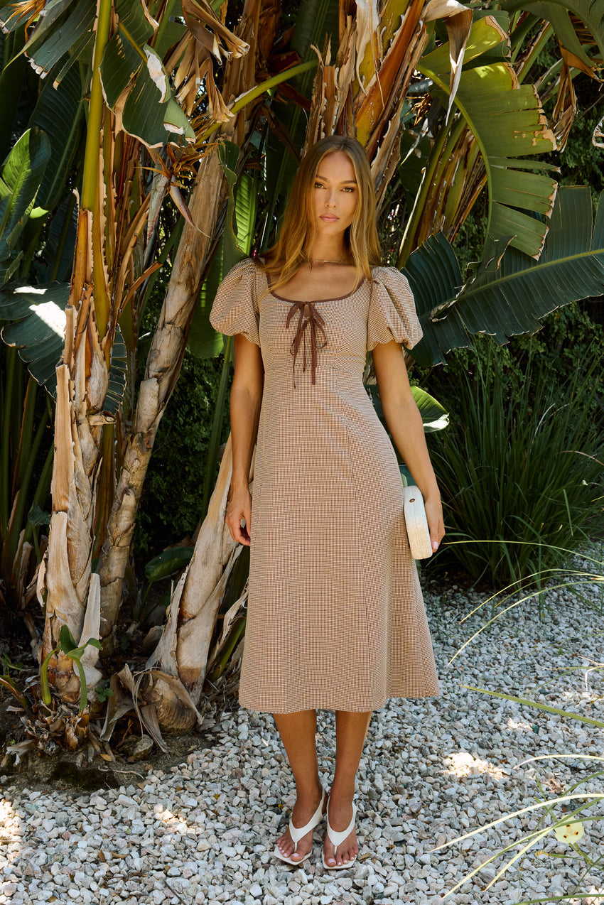 Elle Gingham Midi Dress in Tan