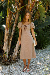 Elle Gingham Midi Dress in Tan