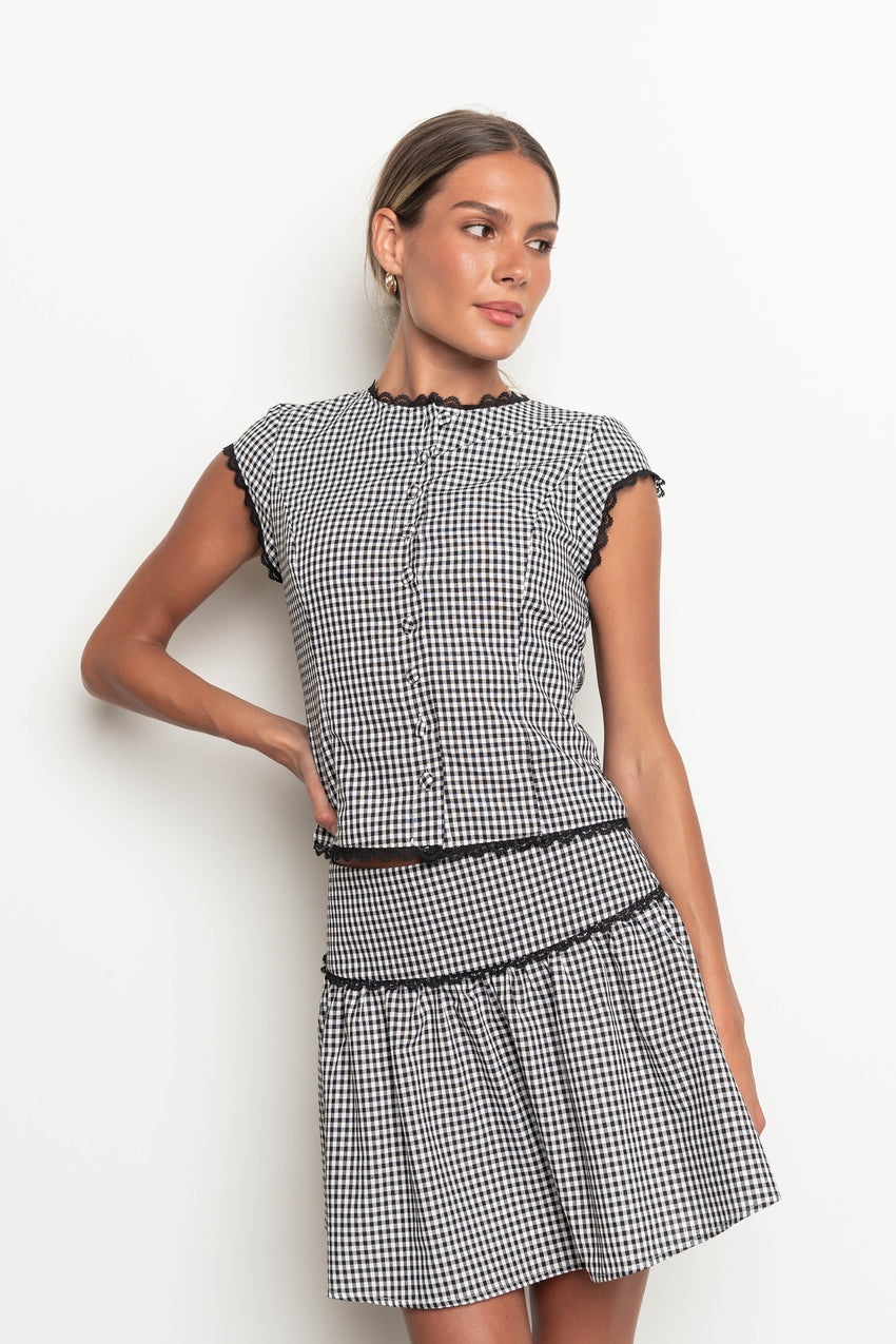 Vanessa Gingham Lace Trim Top