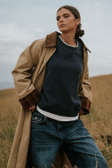 Ava Double Layer Crewneck In Navy