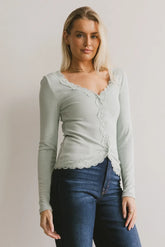 Logan Lace Trim Top in Dusty Blue - FINAL SALE