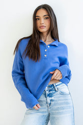 Meli Button Front Knit Sweater in Blue - FINAL SALE
