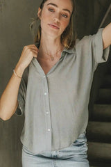 Nadia Button Up Top In Light Grey - Final Sale