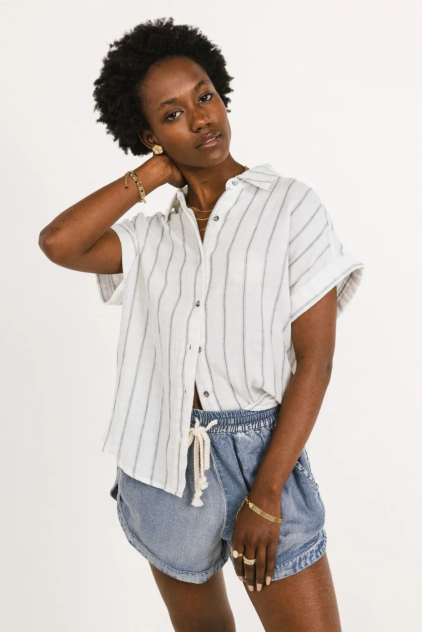 Topanga Striped Button Up In White - Final Sale