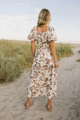 Dorothea Floral Midi Dress In Mocha - Final Sale