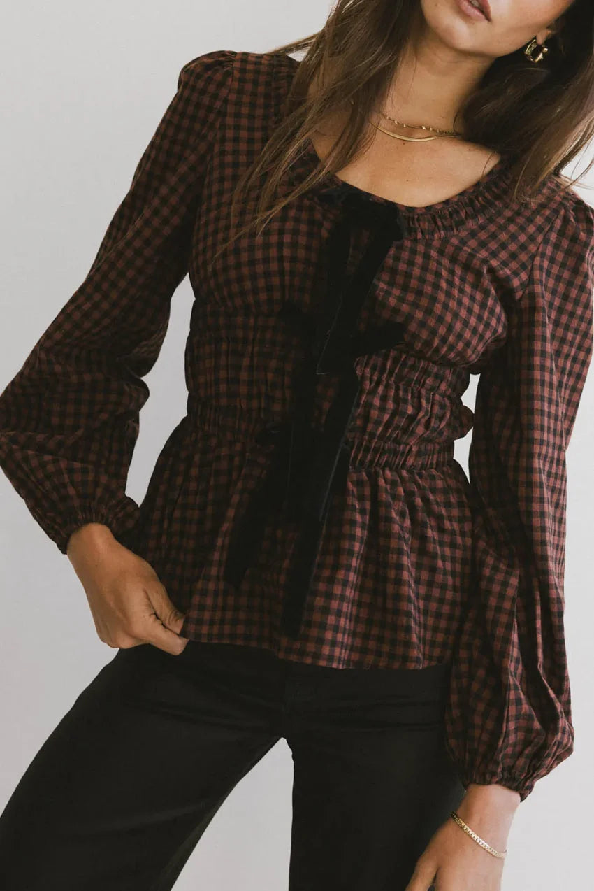 Ella Tie Peplum Blouse in Brick - FINAL SALE