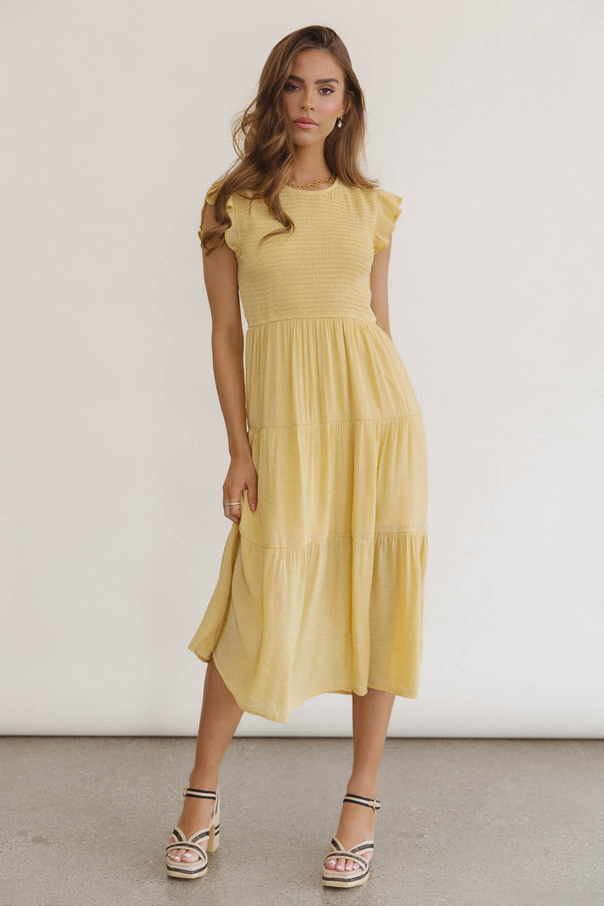 Cara Smocked Midi Dress In Yellow - Final Sale