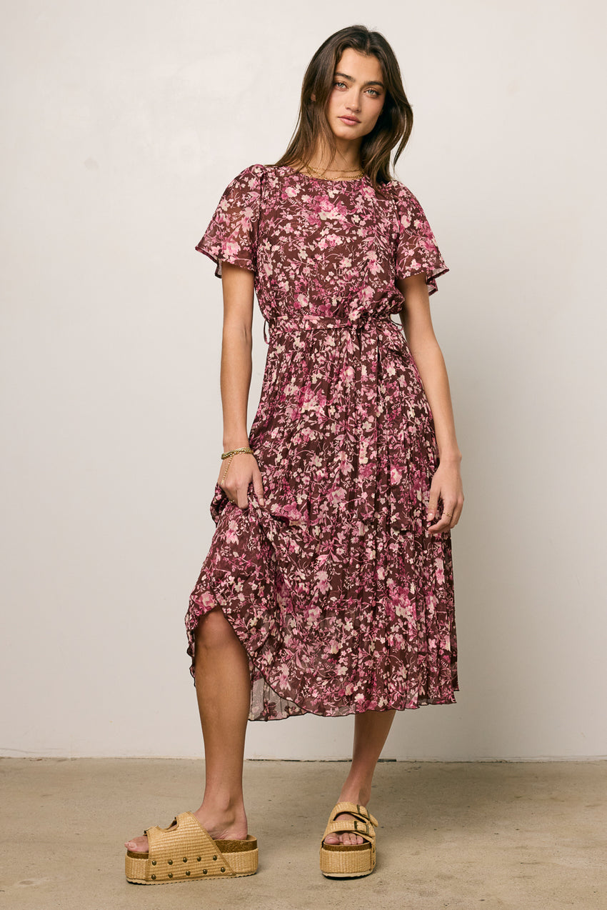 Mary Anne Floral Midi Dress In Brown - Final Sale