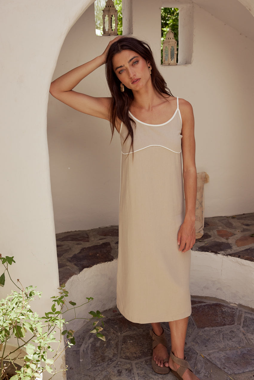 Joanna Contrast Midi Dress In Taupe - Final Sale