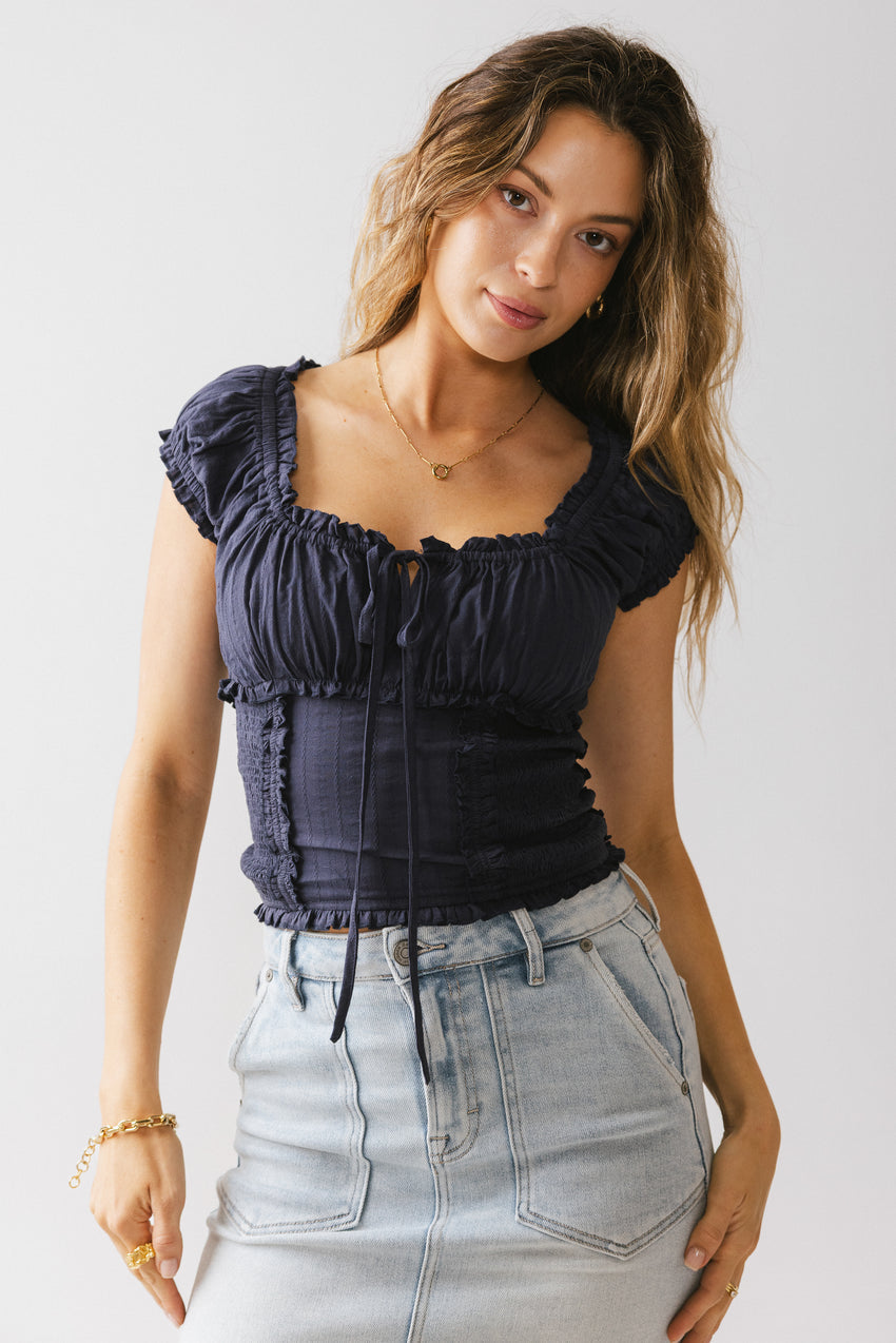 Taylor Ruffle Blouse In Navy - Final Sale