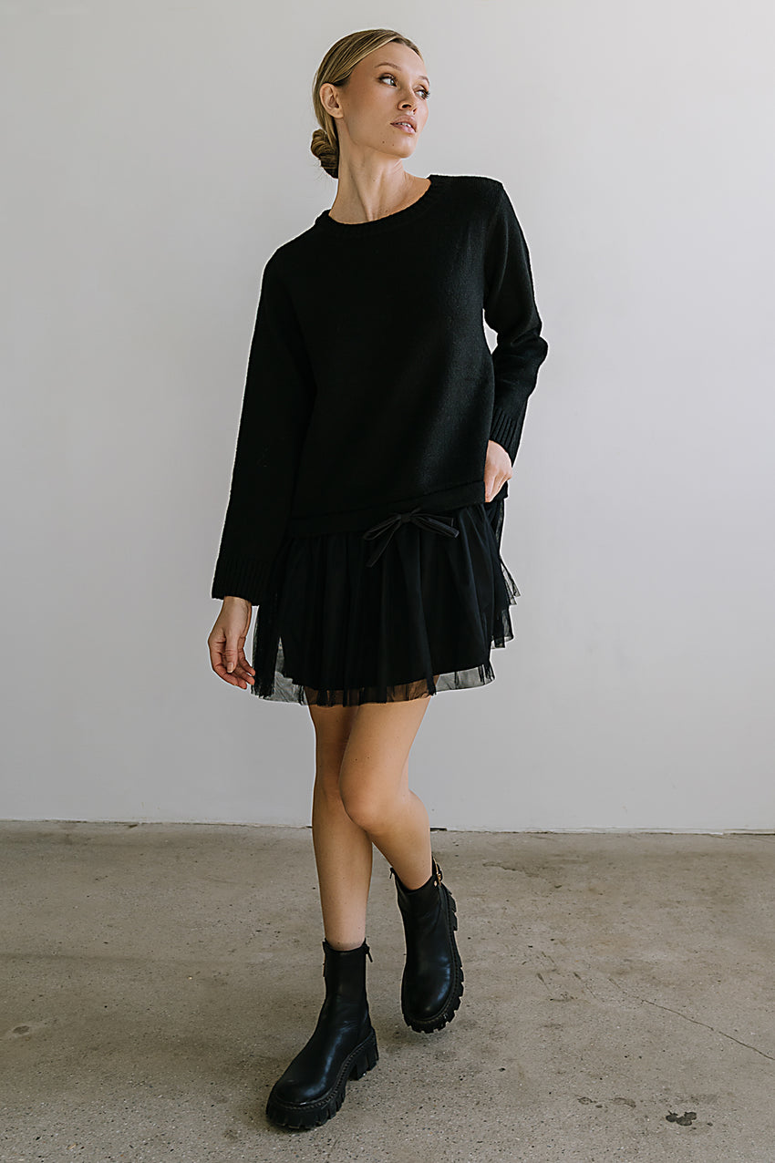 Bellise Baby Doll Sweater Dress In Black - Final Sale