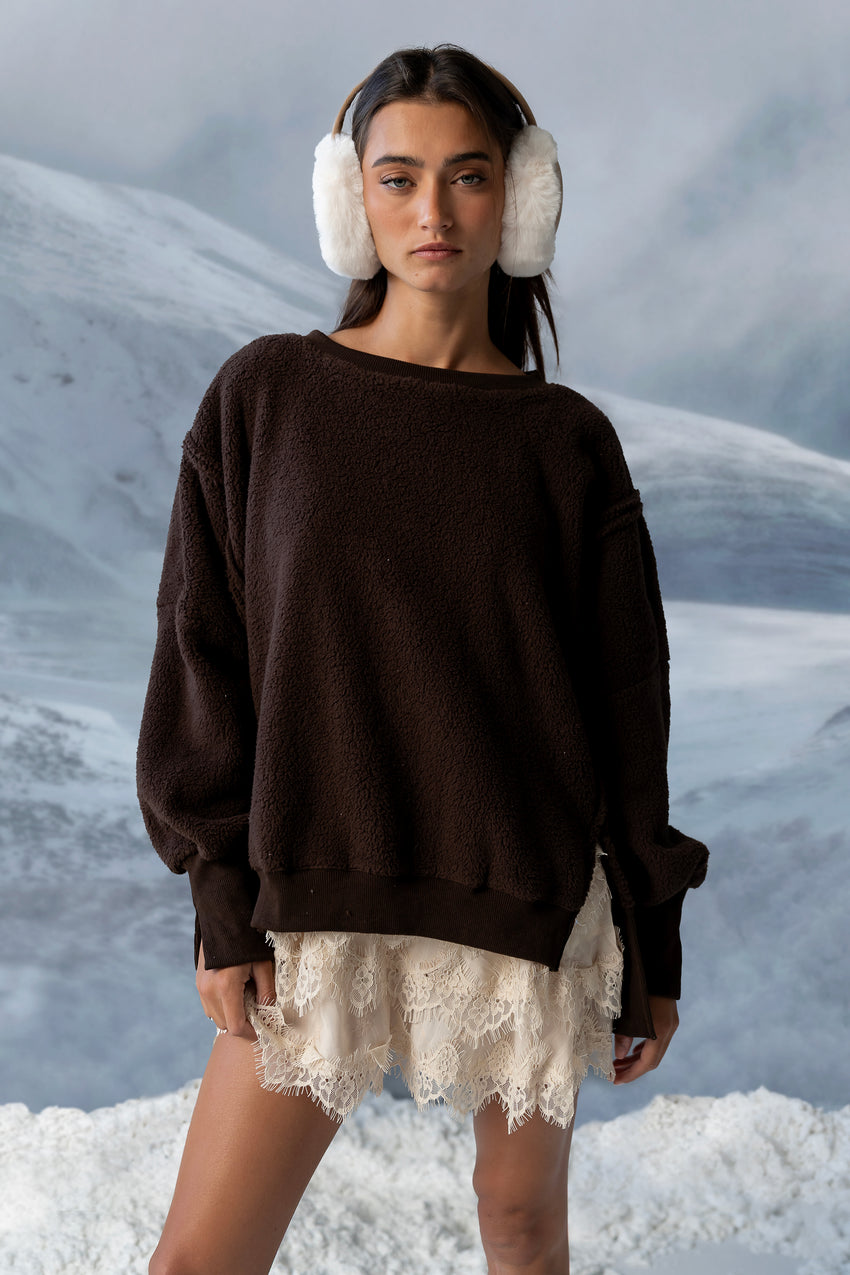 Moxie Oversized Sherpa Sweater In Brown - Final Sale