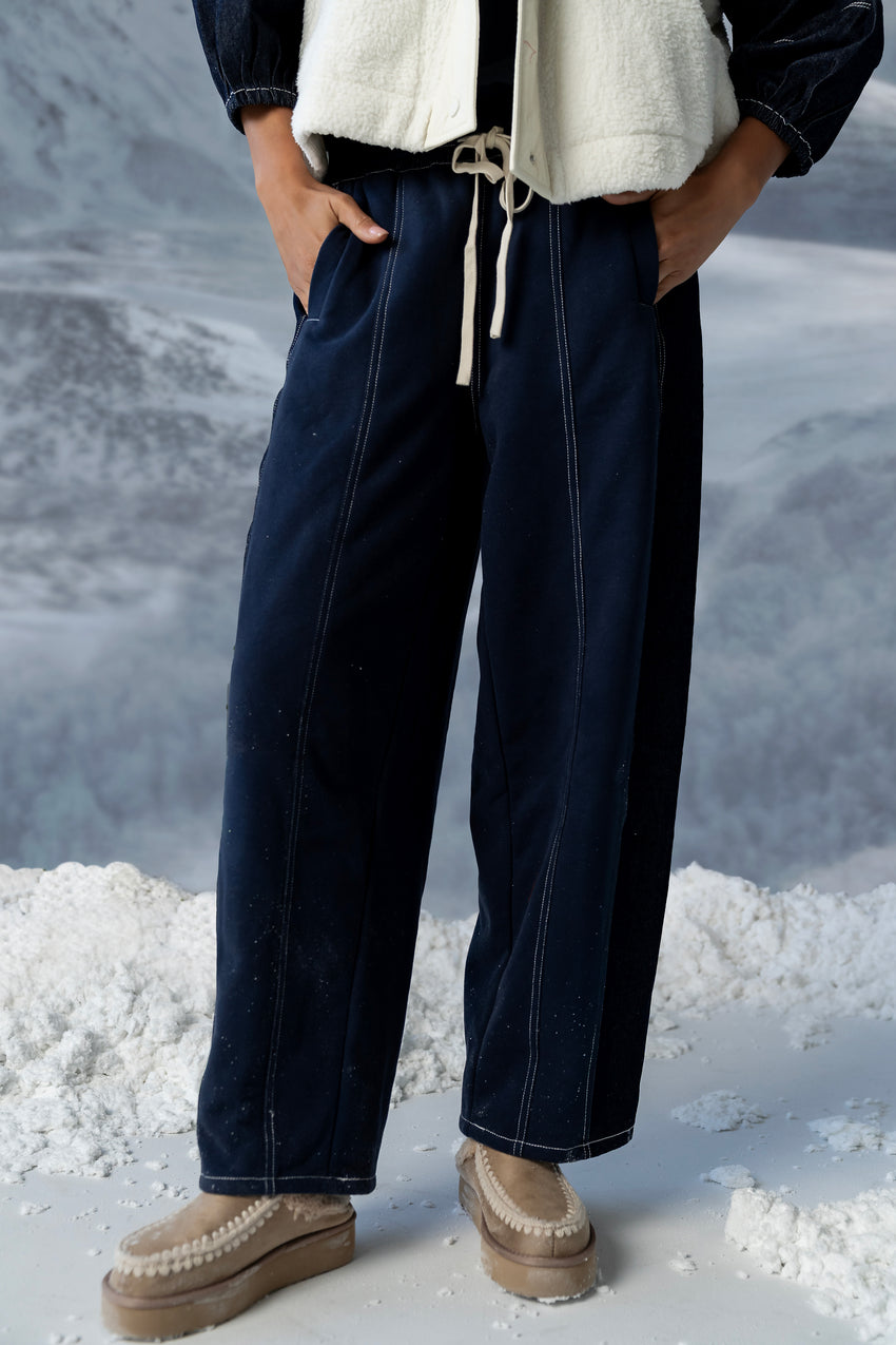 Malinda Mixed Media Baggy Pants In Dark Wash - Final Sale