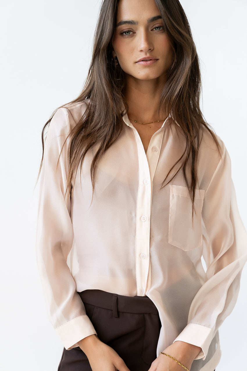 Liberty Sheer Button Up Blouse In Blush - Final Sale