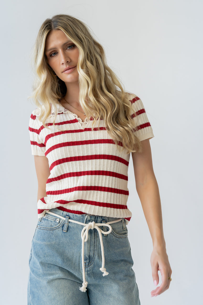 Tess Striped Collared Top In Red - Final Sale