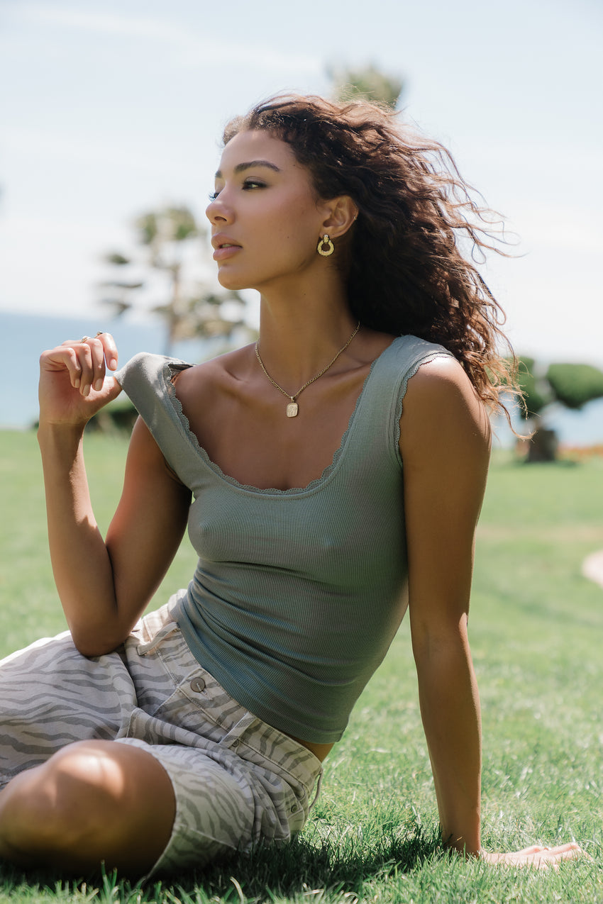 Sawyer Lace Trim Tank Top in Slate Blue