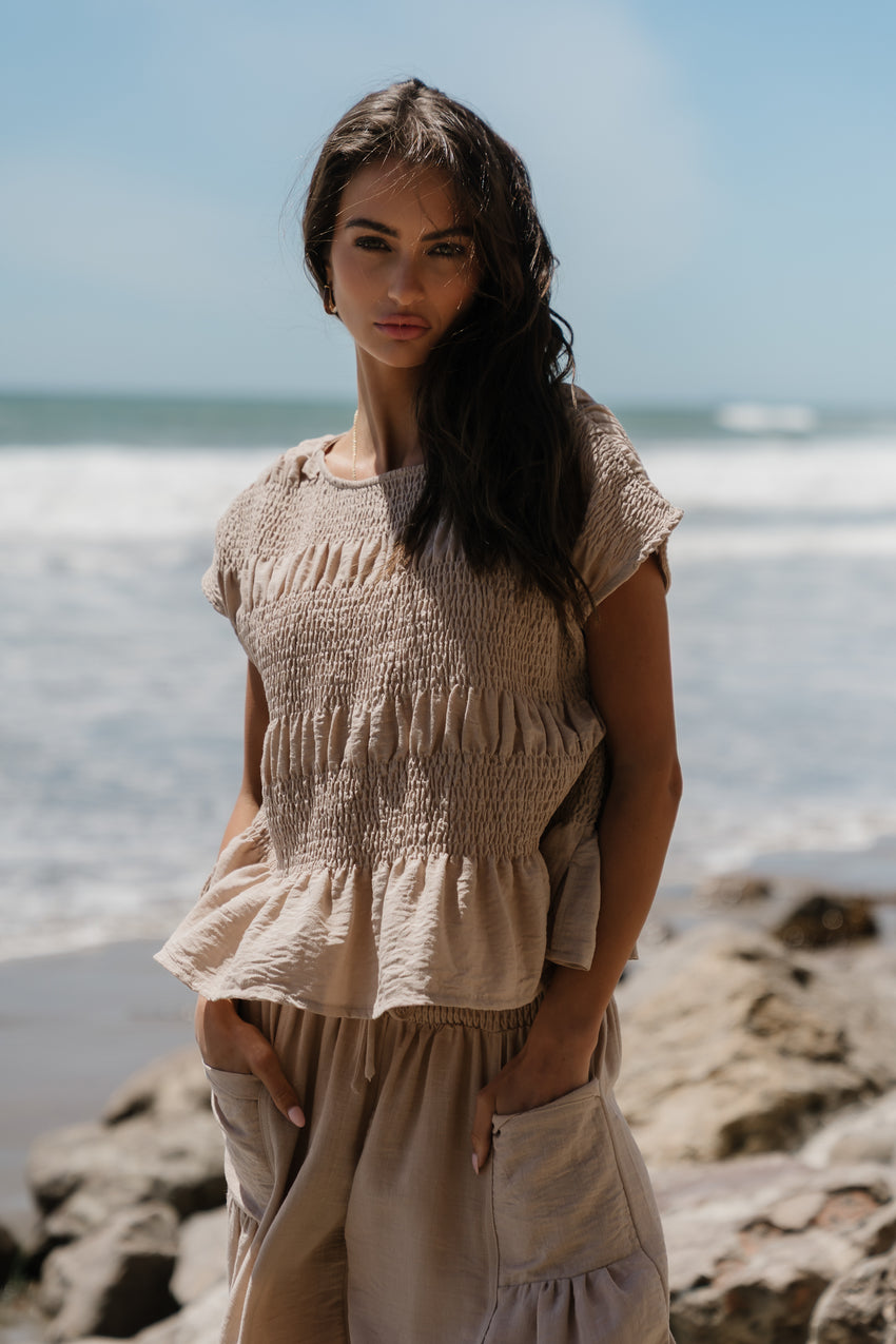 Ashton Smocked Top in Taupe - FINAL SALE