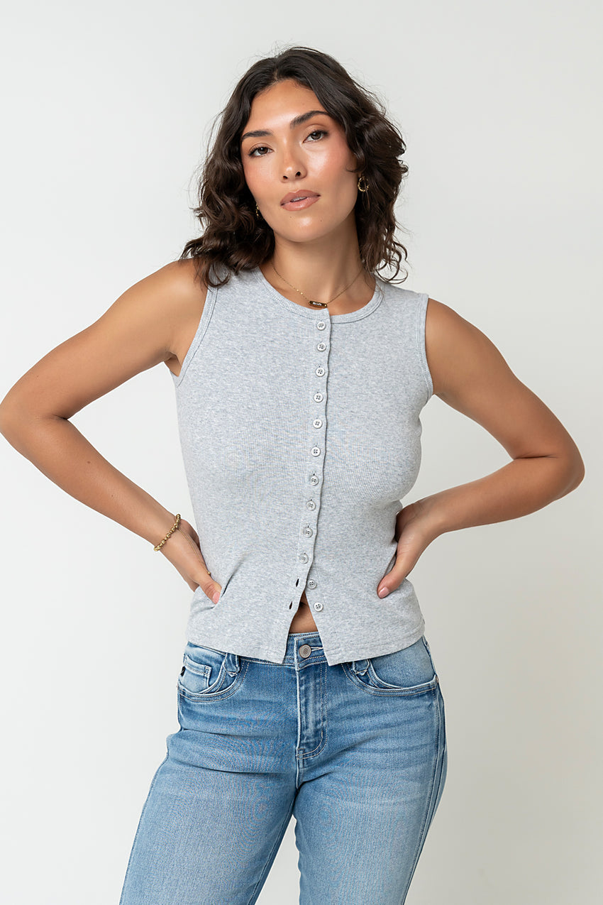 Lucas Button Up Tank Top in Grey - FINAL SALE