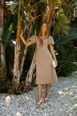 Elle Gingham Midi Dress In Tan