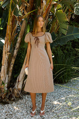 Elle Gingham Midi Dress In Tan
